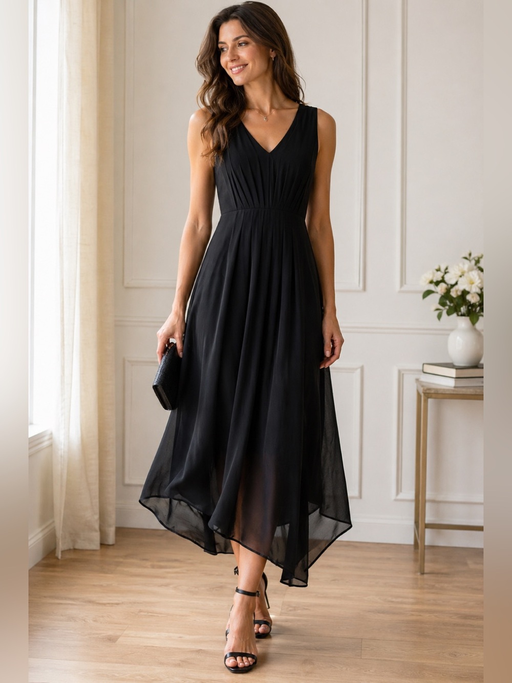 NWT Mexx Black Sheer Pleated Midi Dress Sleeveless V-Neck Lined